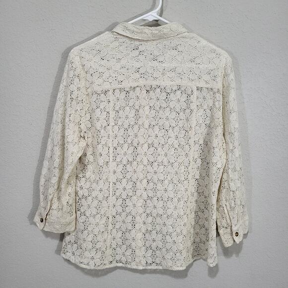 Coldwater Creek Lace Shirt Womens Large Cream Lace Summer Boho Coastal Cottage - Picture 2 of 12